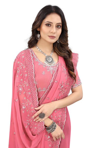 Peach Georgette Embroidered Saree With Blouse