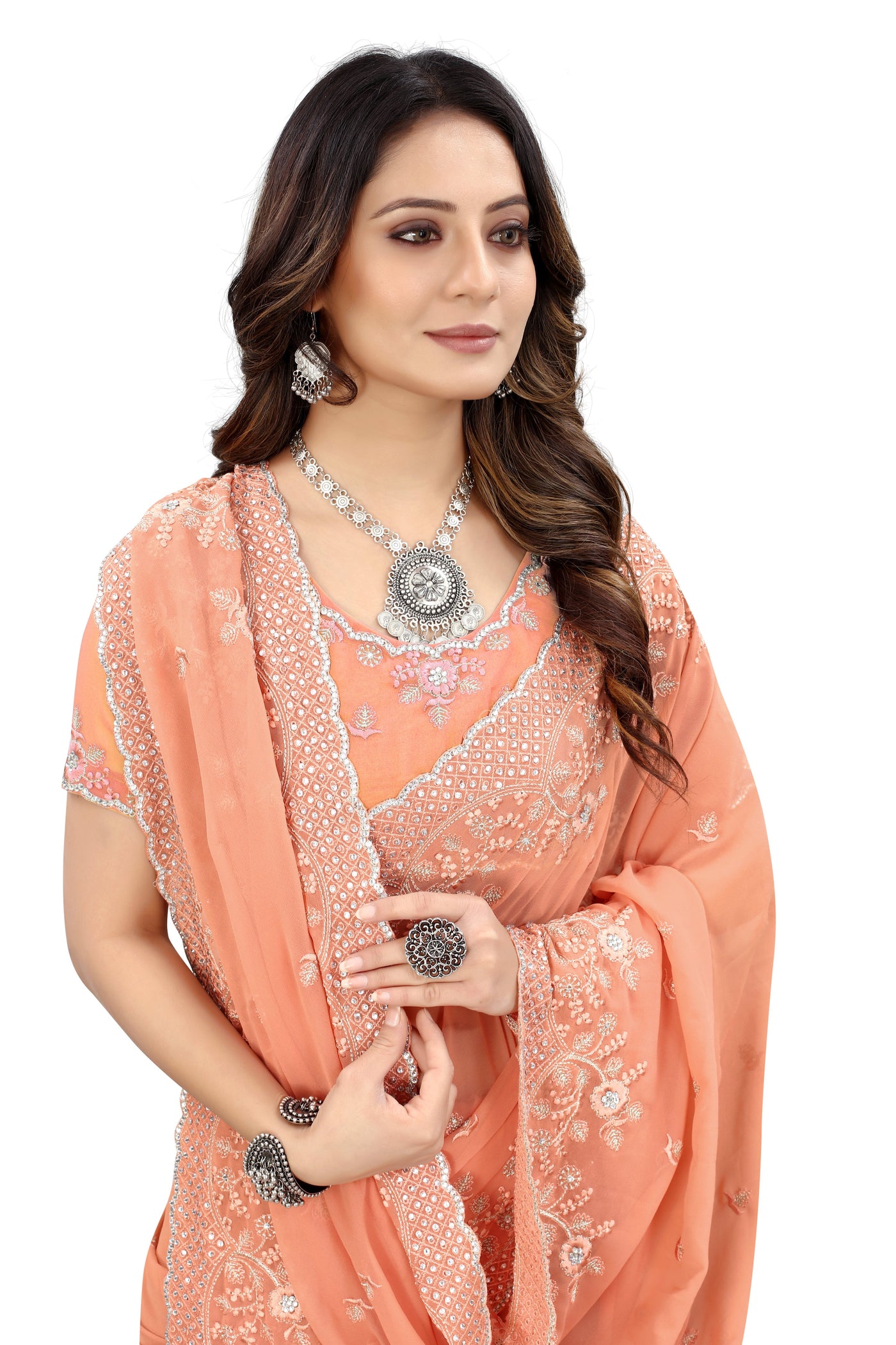 Peach Georgette Embroidered Saree With Blouse
