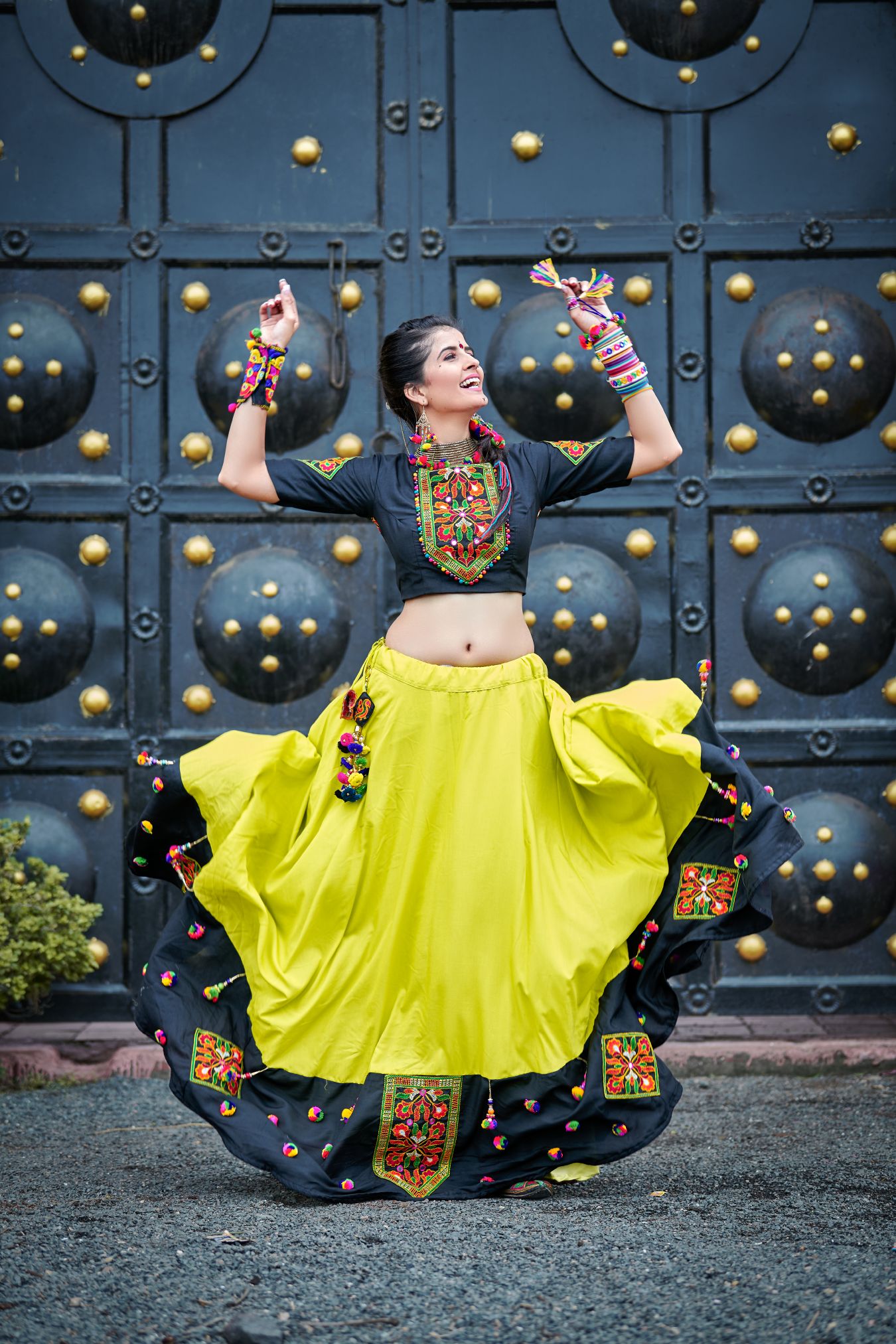 Embroidered cotton Lehenga In Black And Green