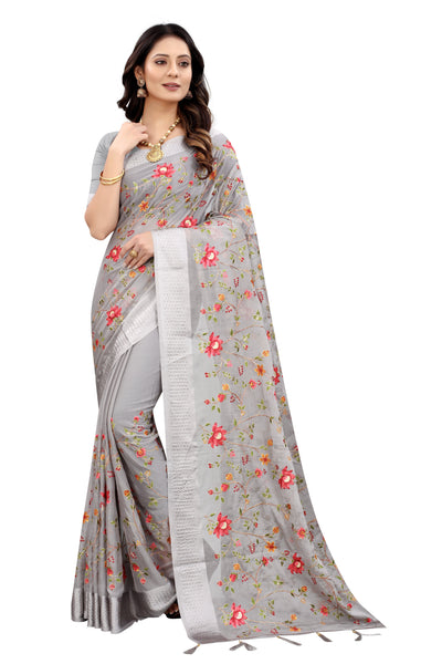 Grey Chiffon Embroidered Saree With Blouse