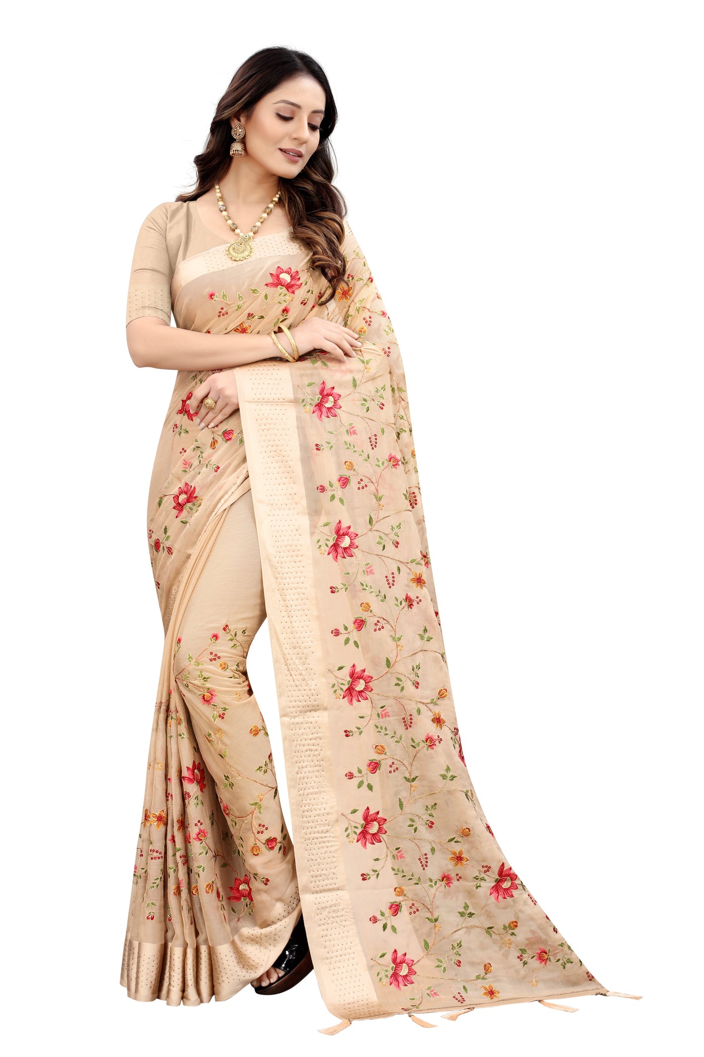 Beige Chiffon Embroidered Saree With Blouse