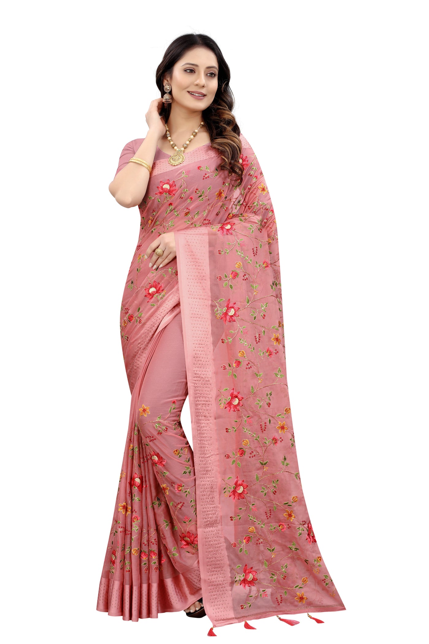 Peach Chiffon Embroidered Saree With Blouse