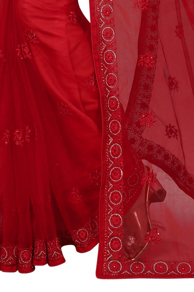 Red Net Embroidered Saree With Blouse