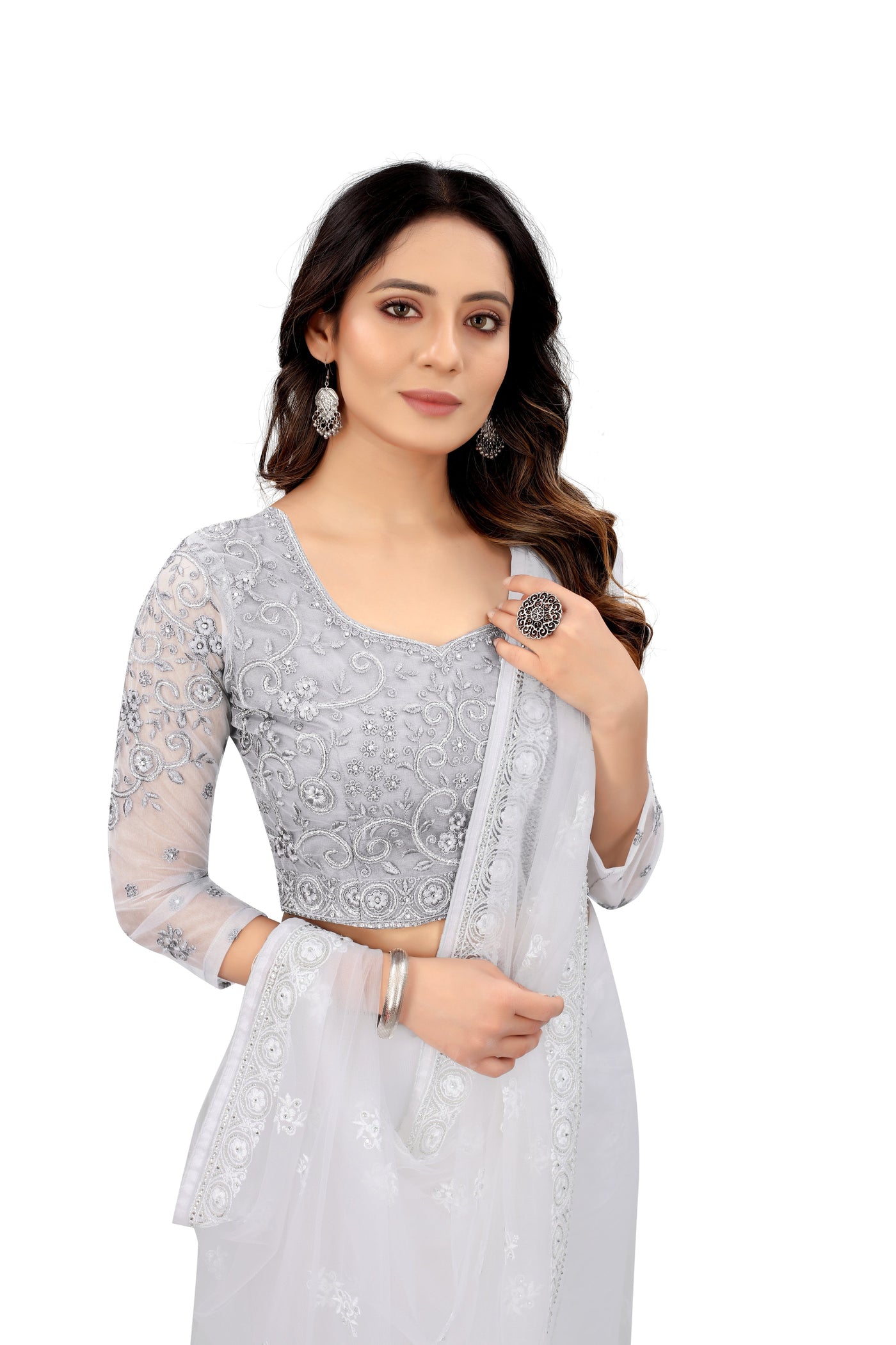 White Net Embroidered Saree With Blouse
