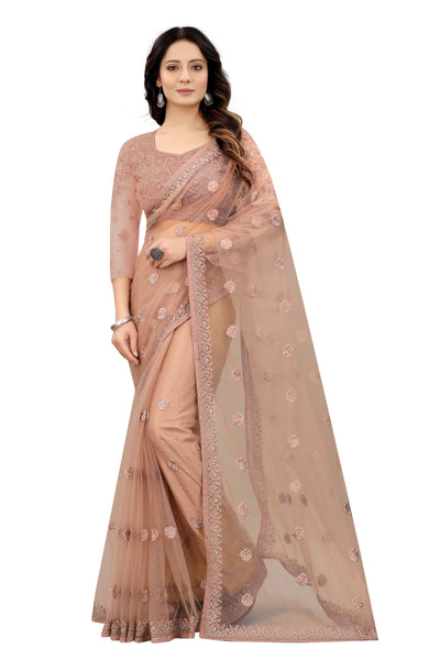 Beige Net Embroidered Saree With Blouse