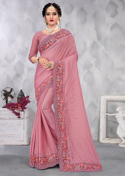 Pink Chinon Embroidered Saree With Blouse