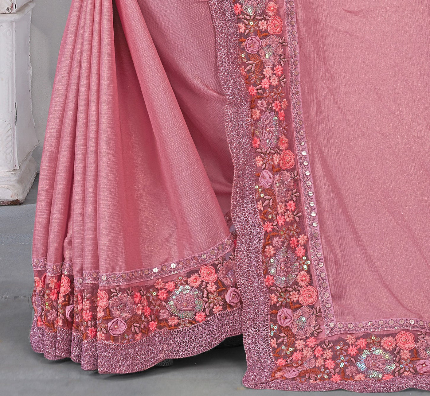 Pink Chinon Embroidered Saree With Blouse