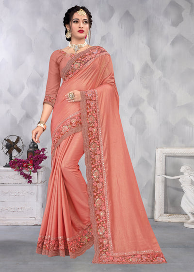 Orange Chinon Embroidered Saree With Blouse