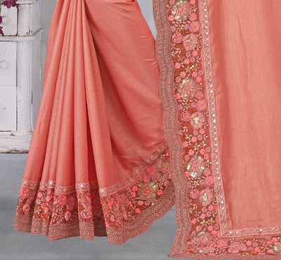 Orange Chinon Embroidered Saree With Blouse