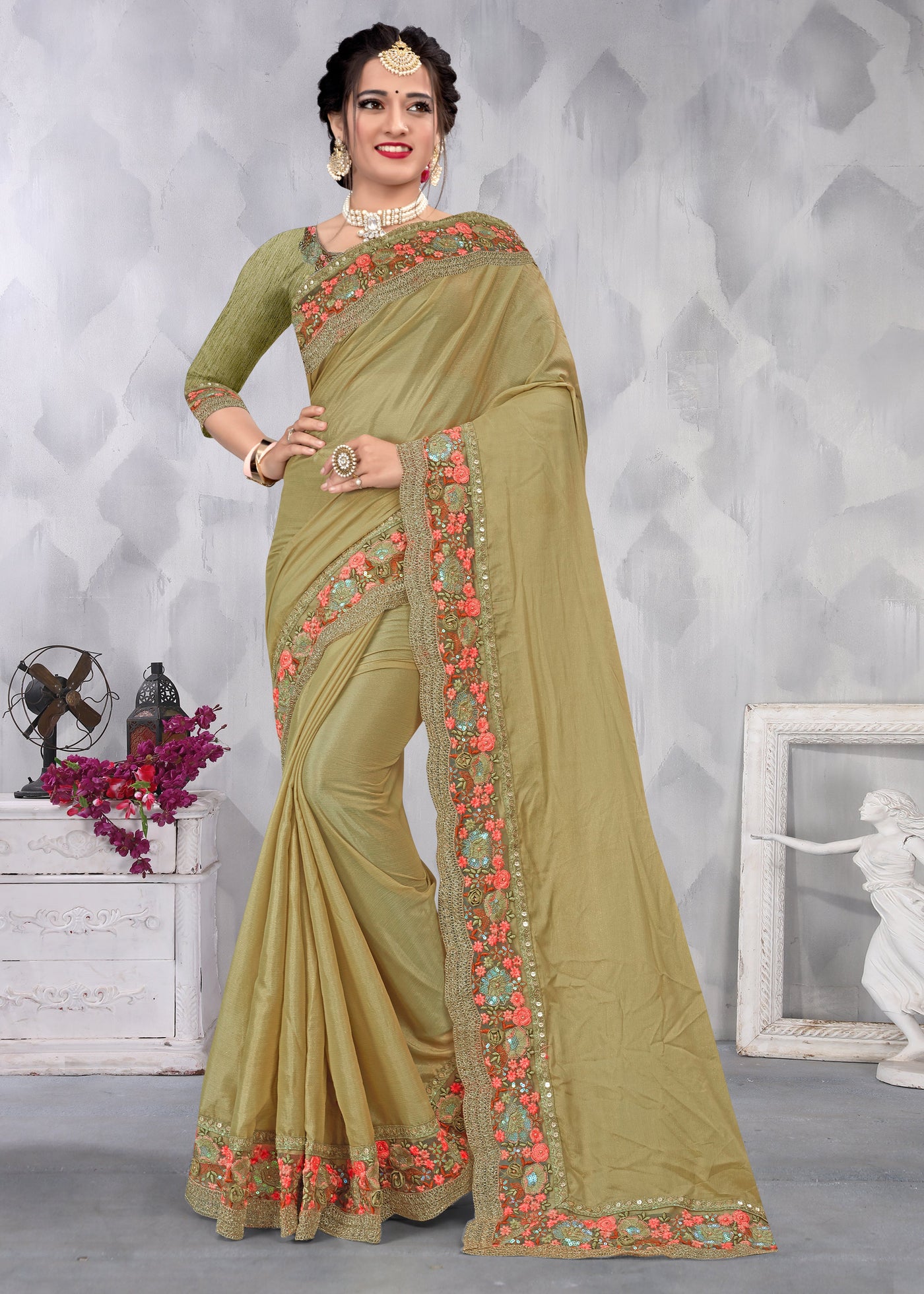 Olive Green Chinon Embroidered Saree With Blouse