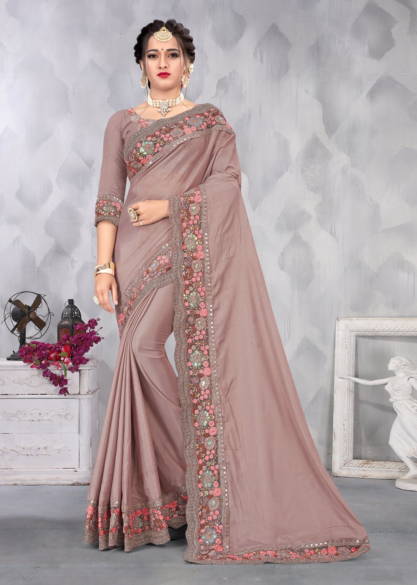 Beige Chinon Embroidered Saree With Blouse