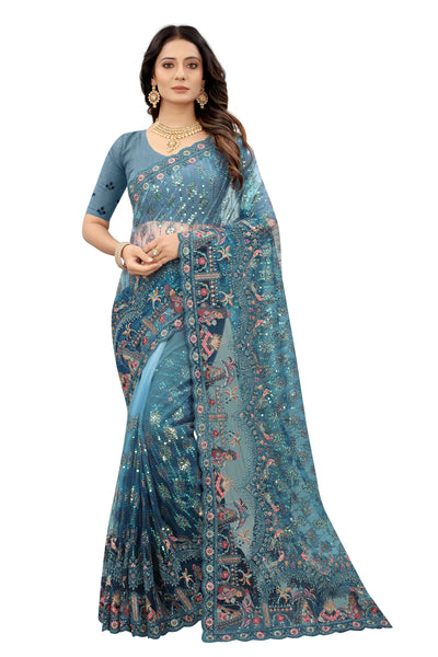 Peacock Blue Net Embroidered Saree With Blouse