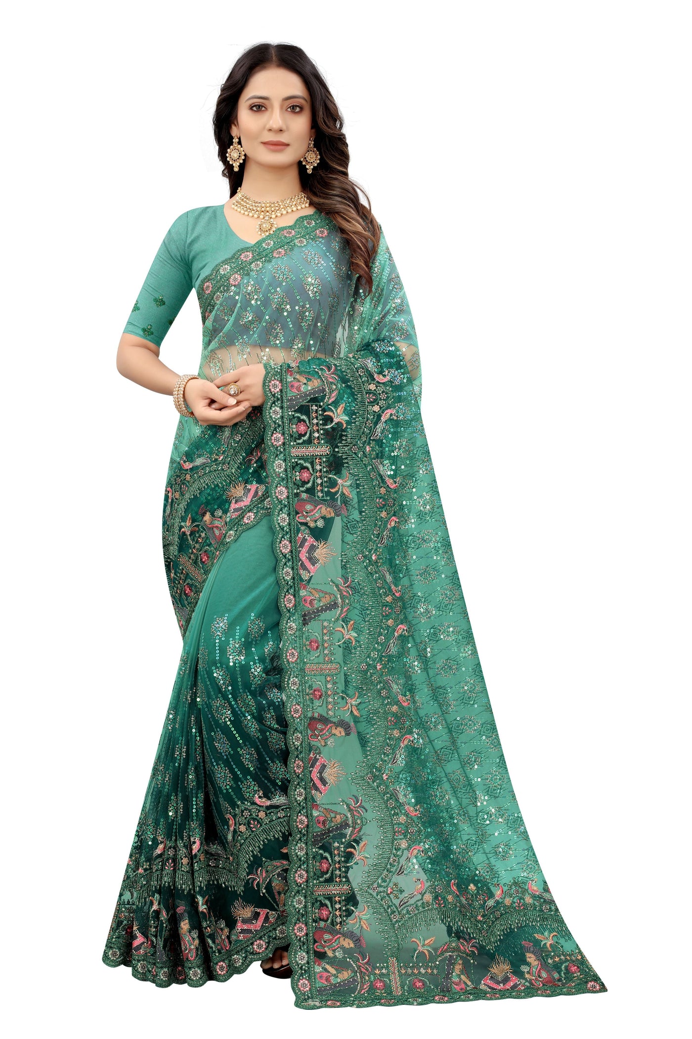 Rama Net Embroidered Saree With Blouse
