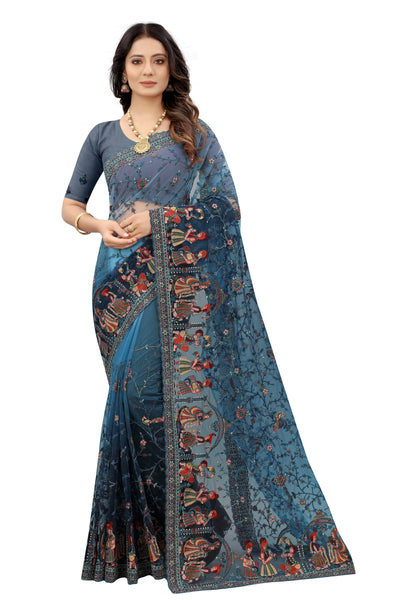 Peacock Blue Net Embroidered Saree With Blouse