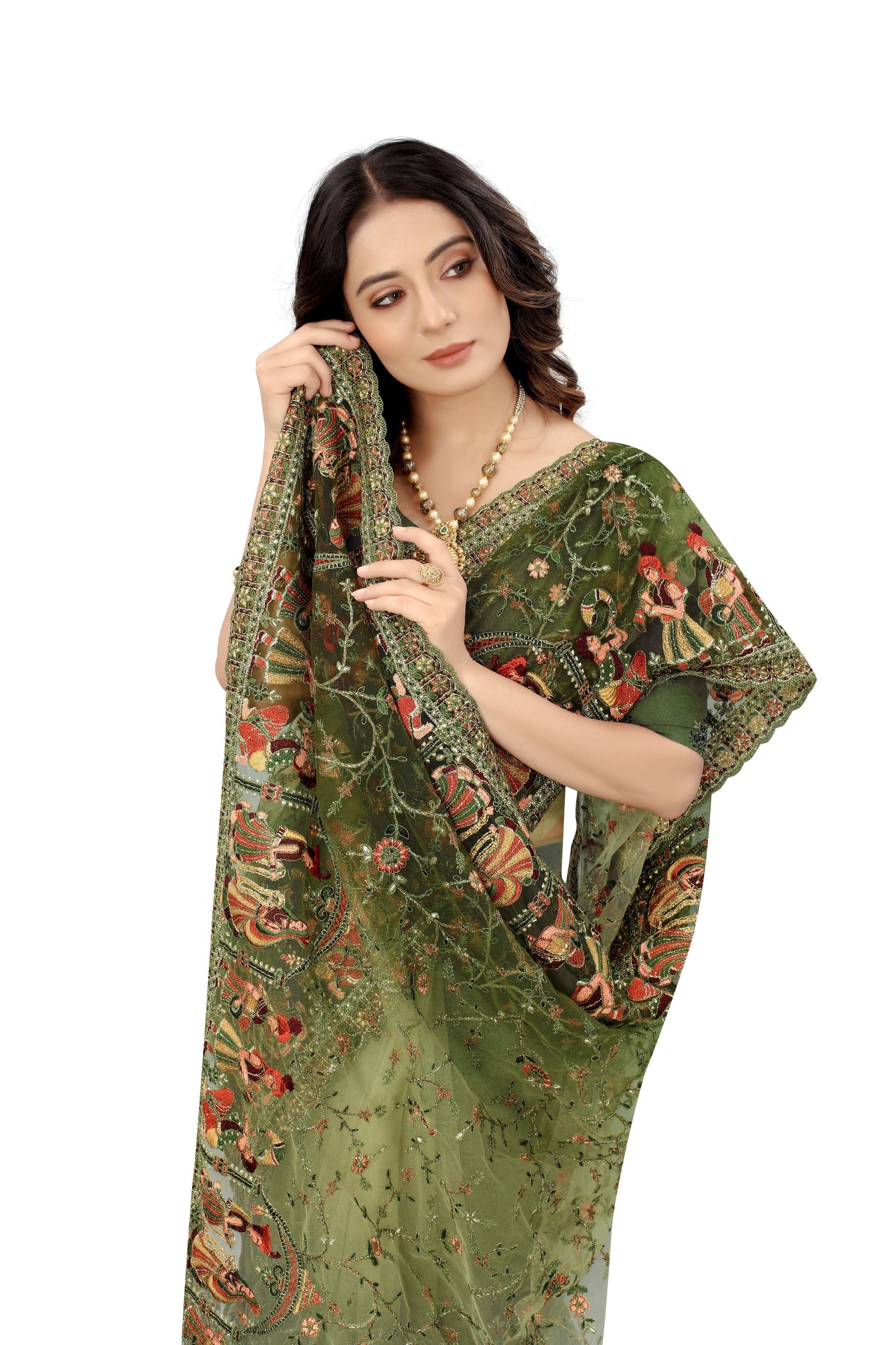 Olive Green Net Embroidered Saree With Blouse