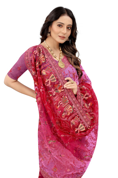 Pink Net Embroidered Saree With Blouse