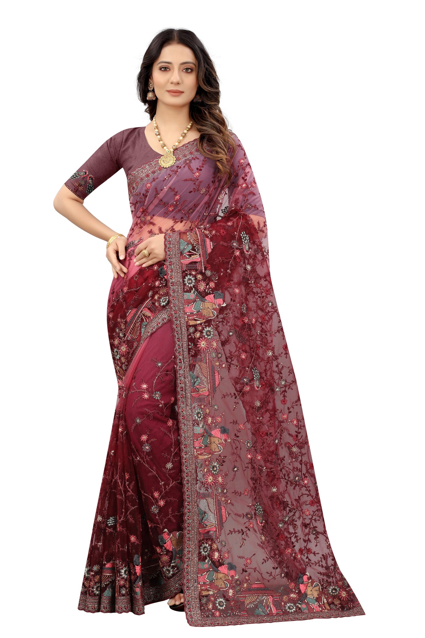 Wine Color Net Embroidered Saree With Blouse
