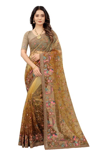 Mustard Net Embroidered Saree With Blouse