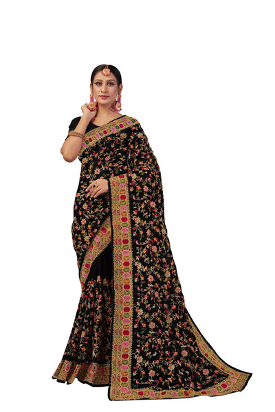Black Georgette Embroidered Saree With Blouse