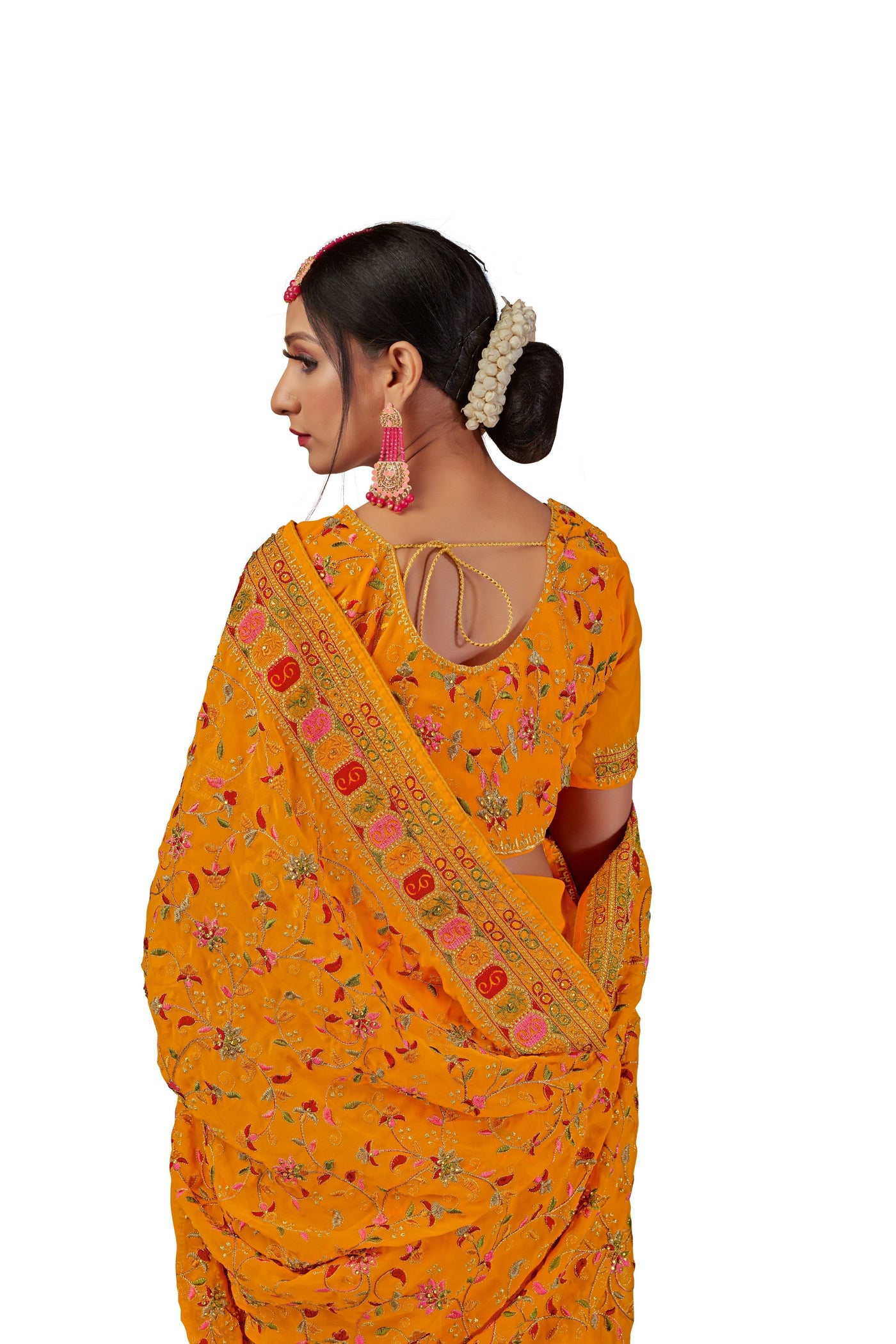Mustard Georgette Embroidered Saree With Blouse