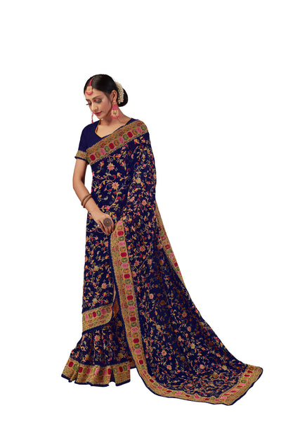 Navy Blue Georgette Embroidered Saree With Blouse