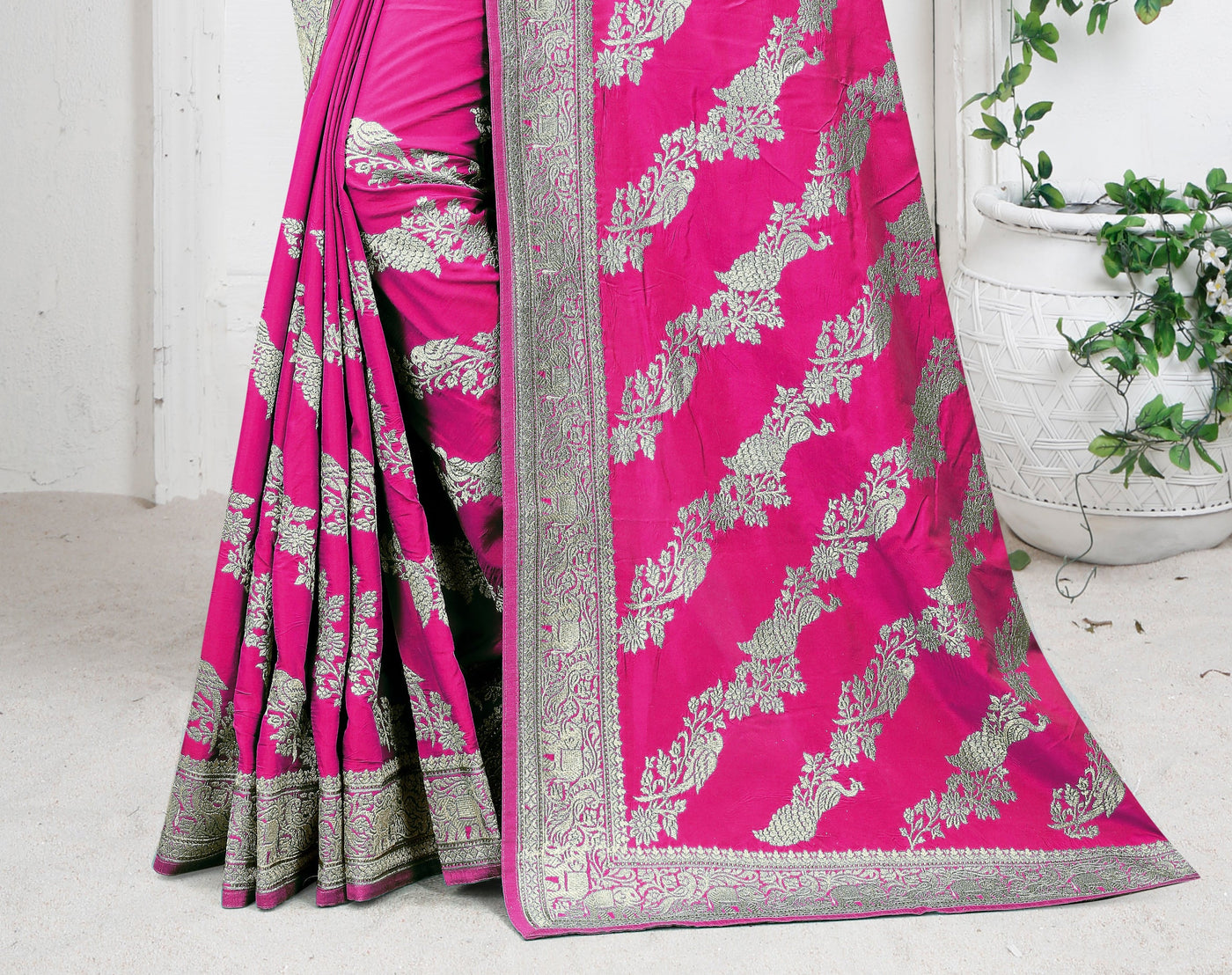 Pink Art Silk Zari Work Saree With Blouse