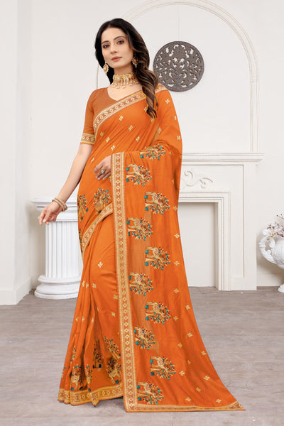 Mustard Vichitra Silk Embroidered Saree With Blouse