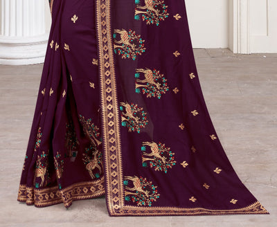 Wine Color Vichitra Silk Embroidered Saree With Blouse