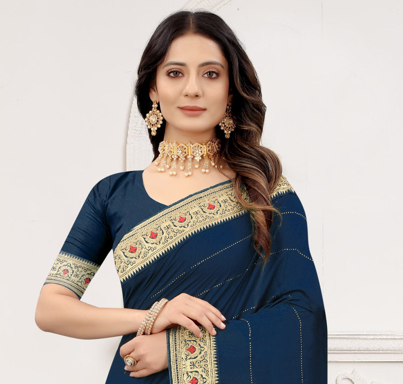 Navy Blue Vichitra Silk Embroidered Saree With Blouse