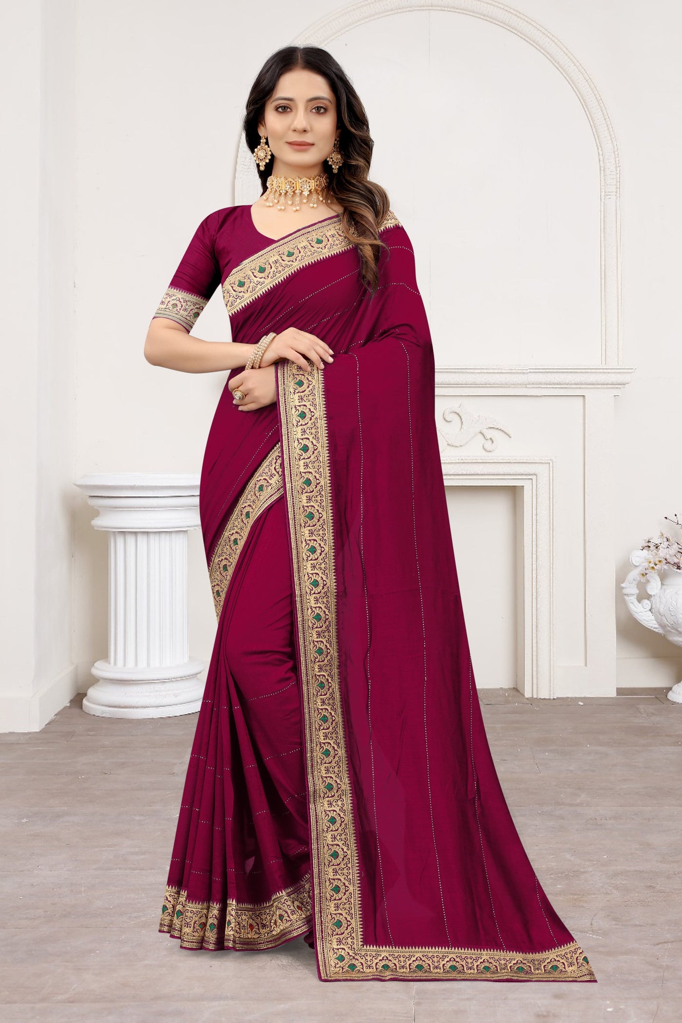 Red Vichitra Silk Embroidered Saree With Blouse
