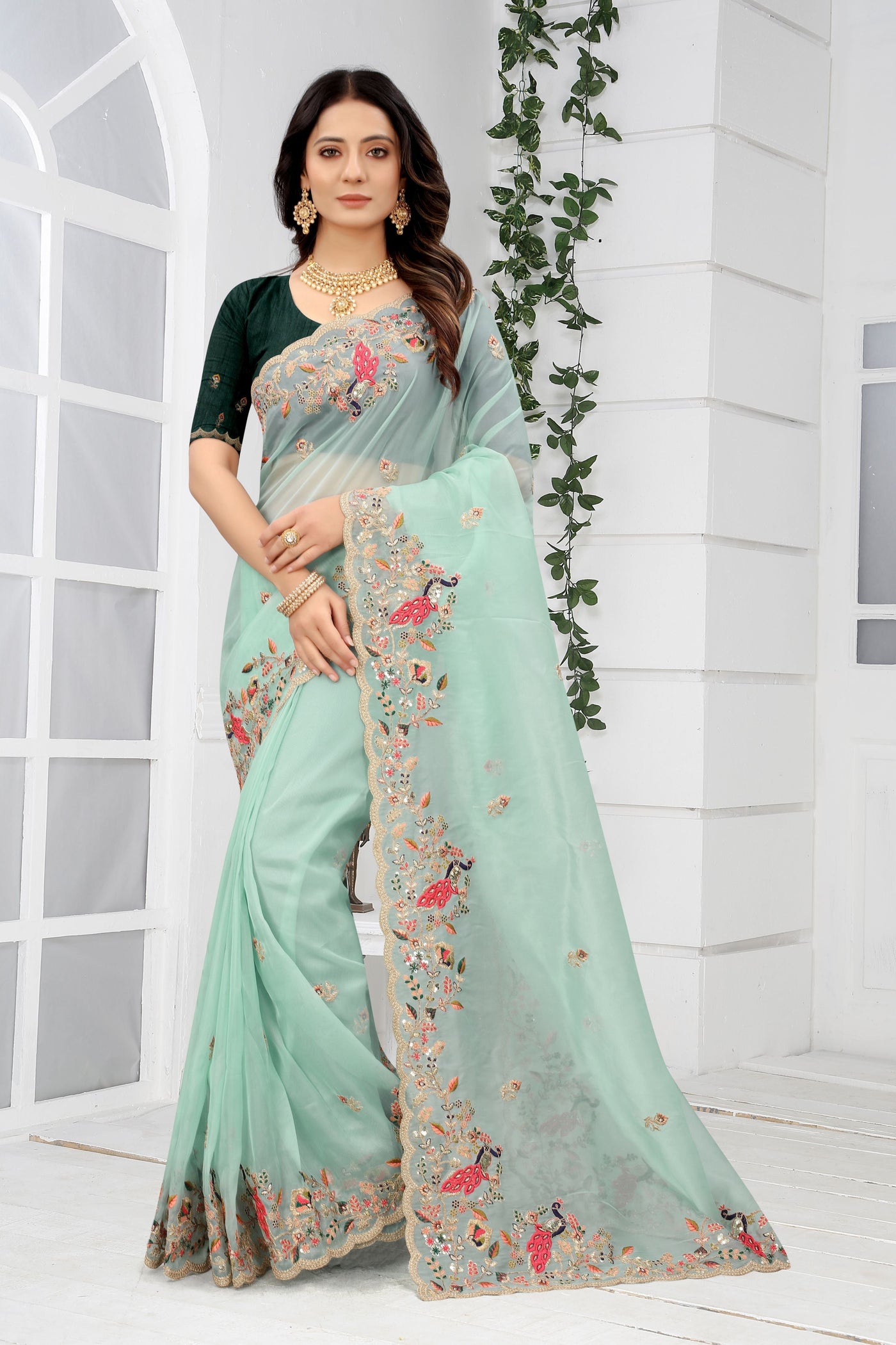 Sky Blue Net Embroidered Saree With Blouse