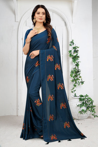 Navy Blue Chinon Embroidered Saree With Blouse