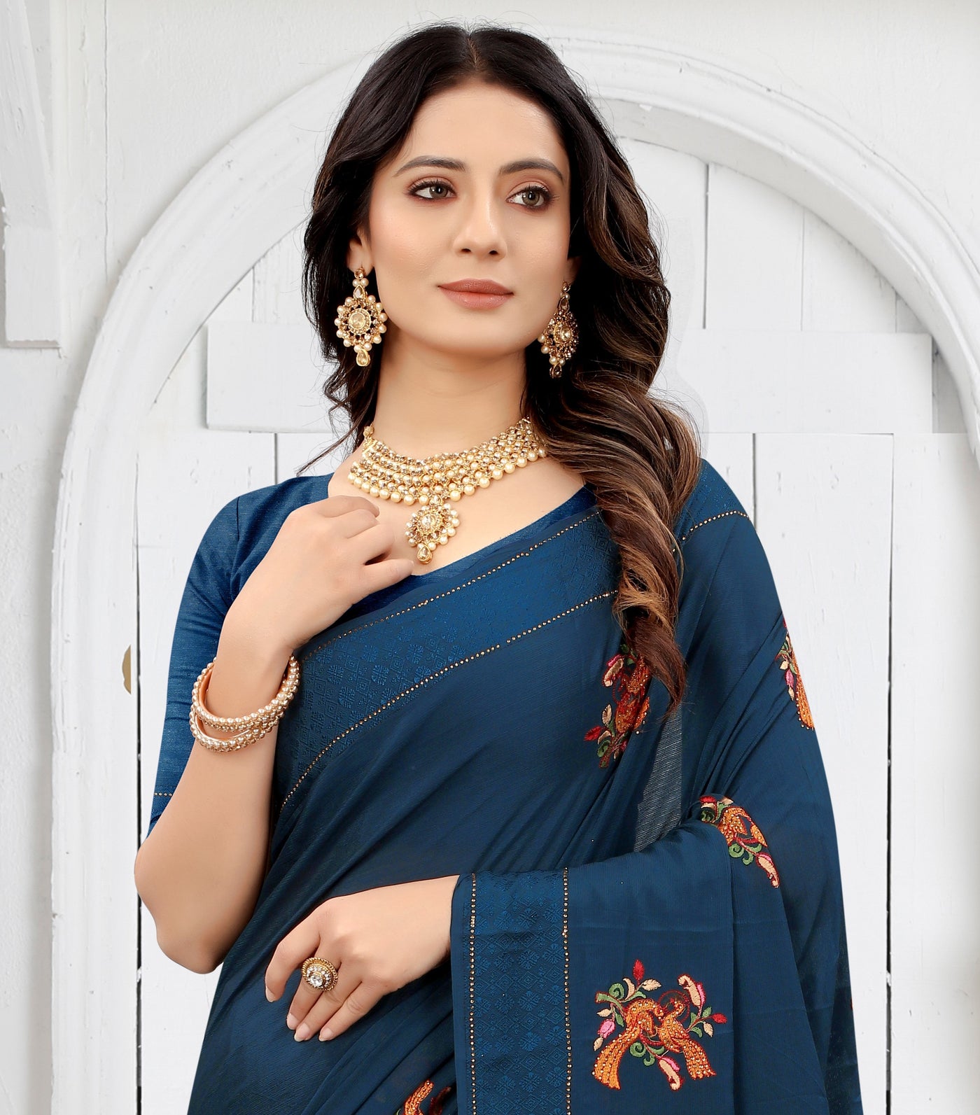 Navy Blue Chinon Embroidered Saree With Blouse