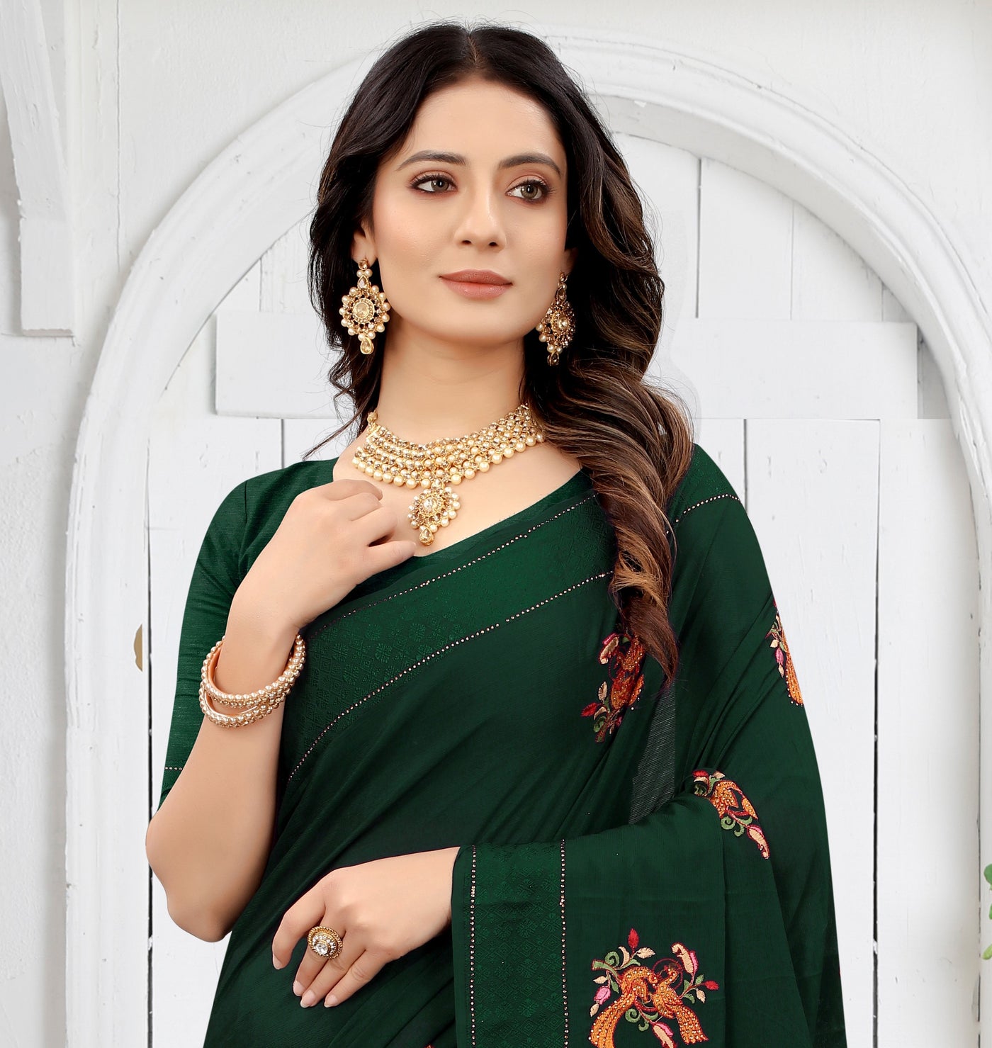 Green Chinon Embroidered Saree With Blouse