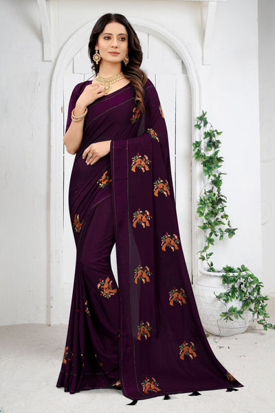 Wine Color Chinon Embroidered Saree With Blouse