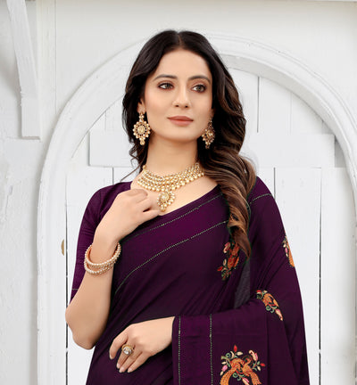 Wine Color Chinon Embroidered Saree With Blouse