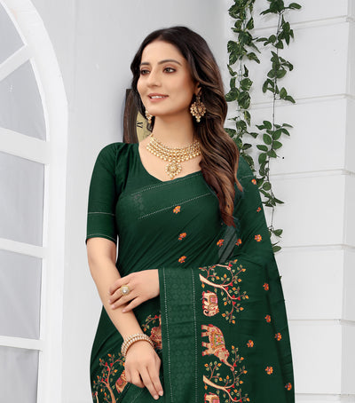 Green Chinon Embroidered Saree With Blouse