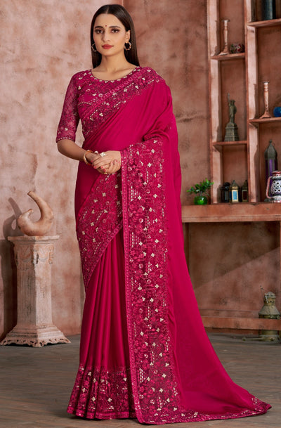 Magenta Satin Embroidered Saree With Blouse