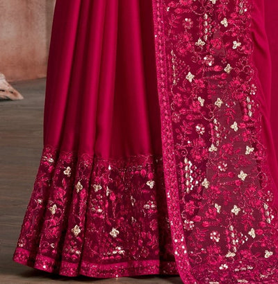Magenta Satin Embroidered Saree With Blouse