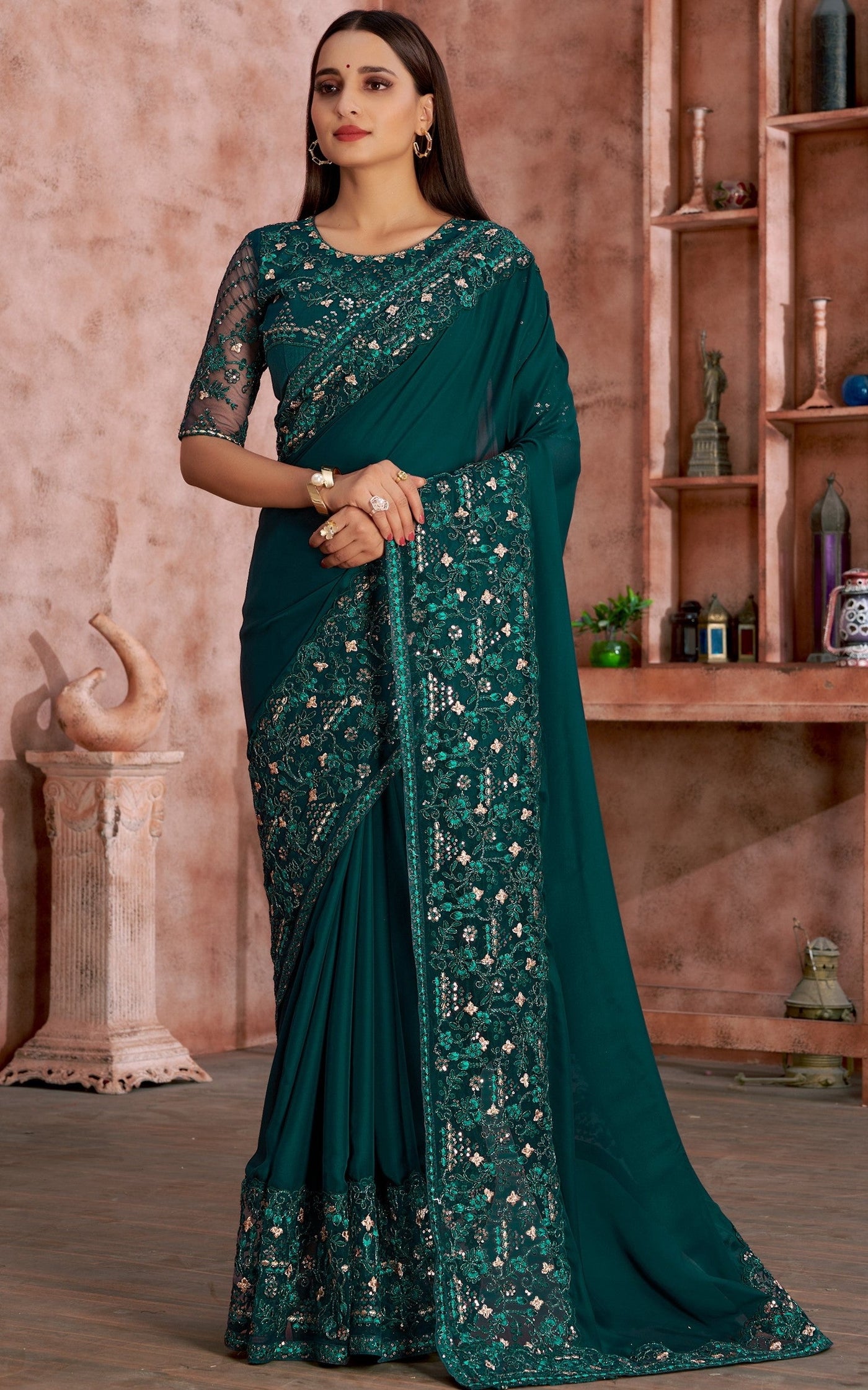 Peacock Blue Satin Embroidered Saree With Blouse
