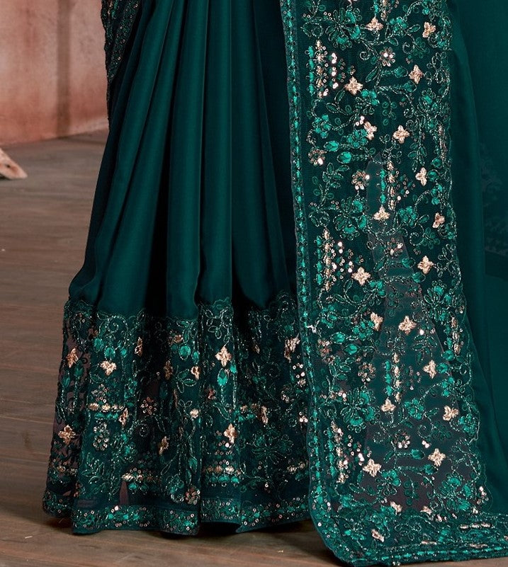 Peacock Blue Satin Embroidered Saree With Blouse