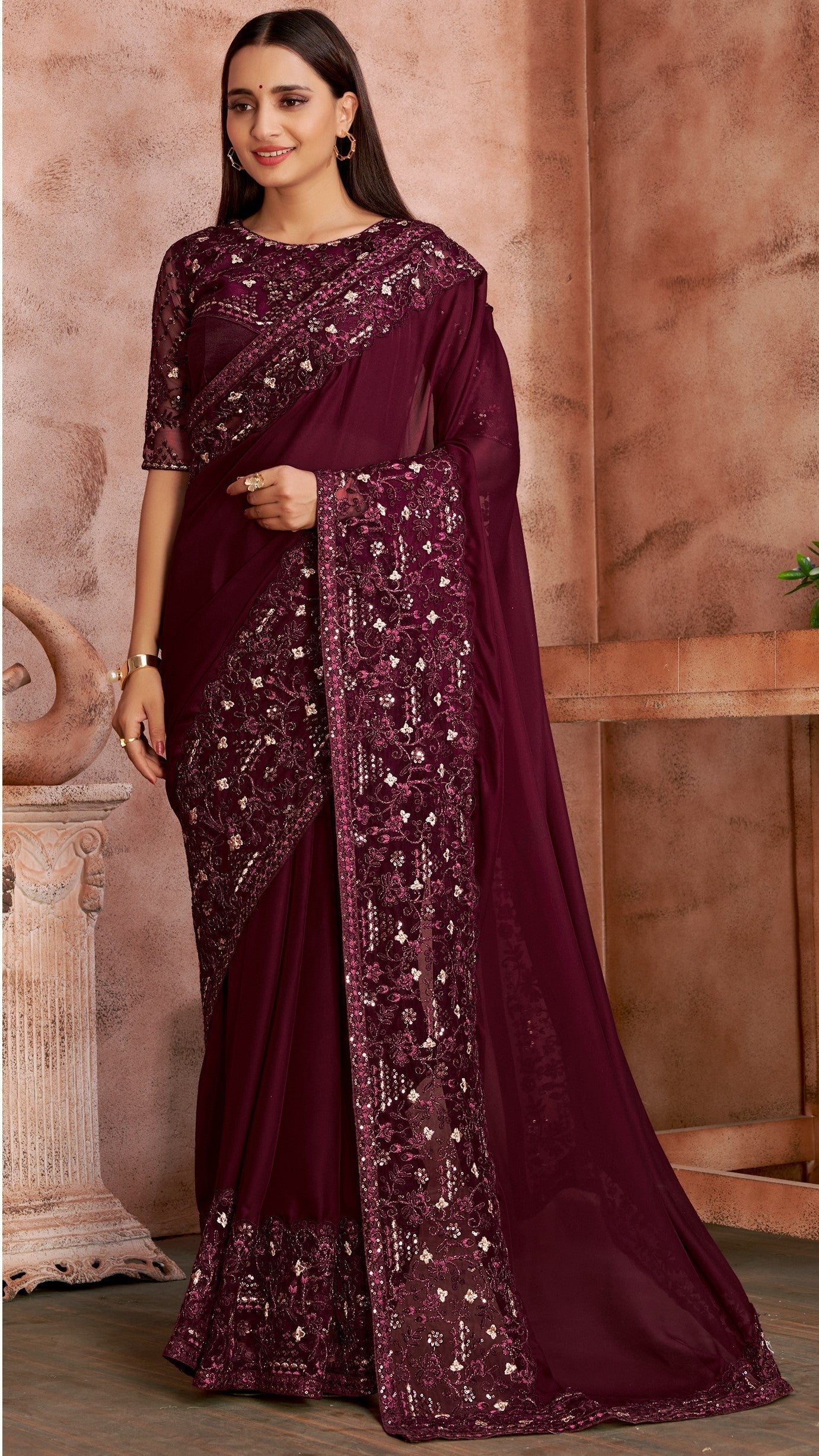 Wine Color Satin Embroidered Saree With Blouse