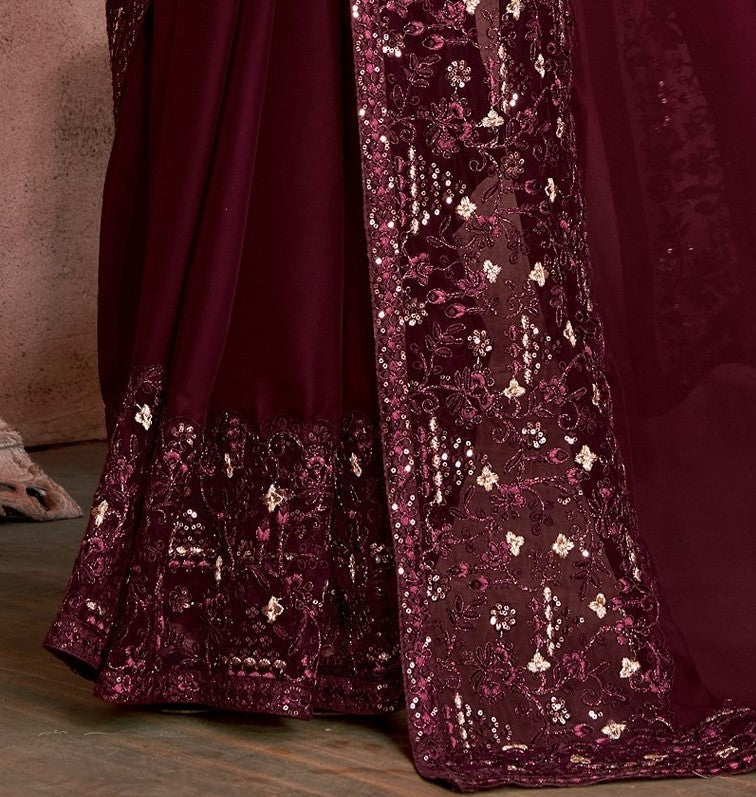 Wine Color Satin Embroidered Saree With Blouse