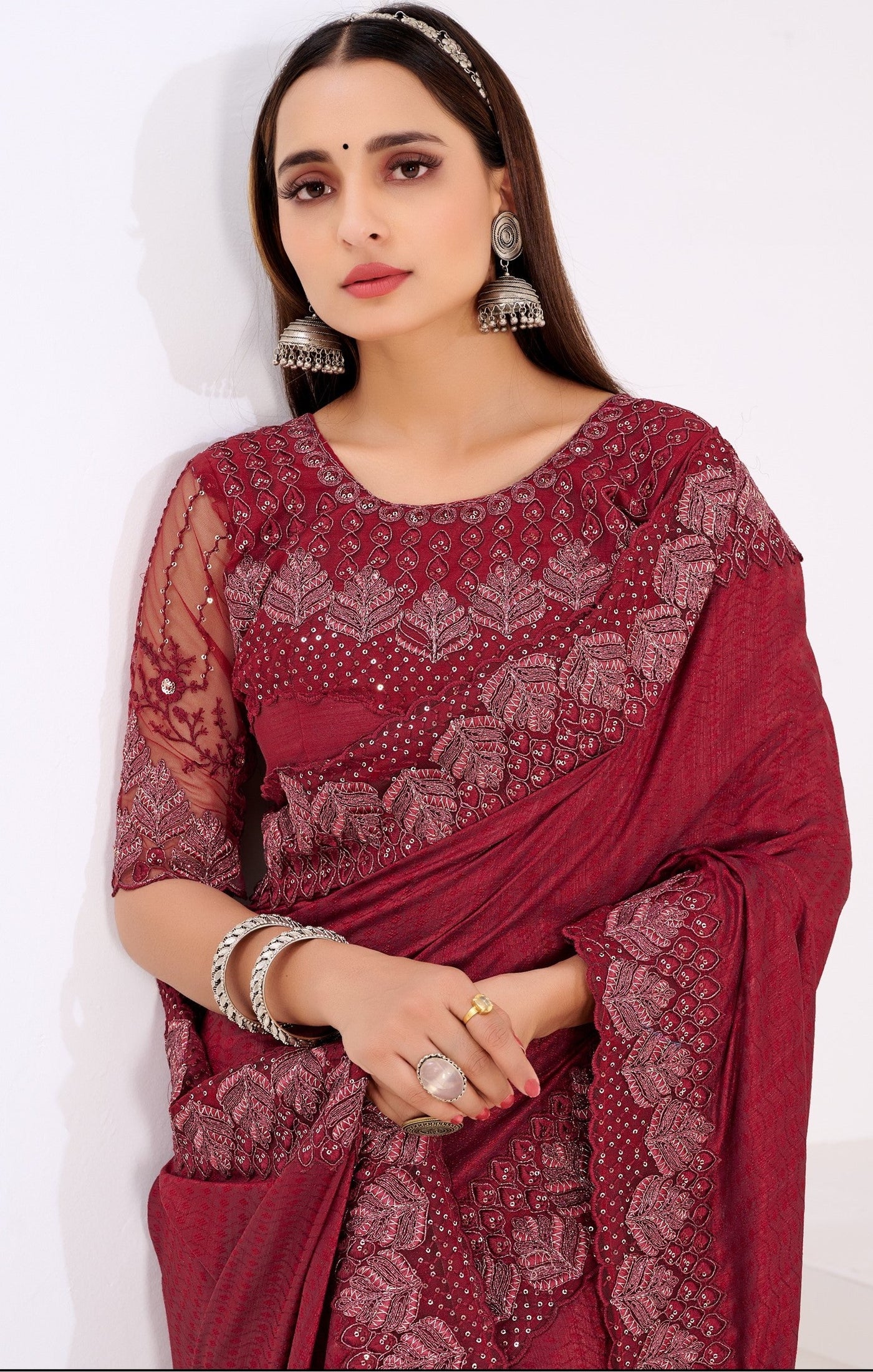 Maroon Jacquard Embroidered Saree With Blouse