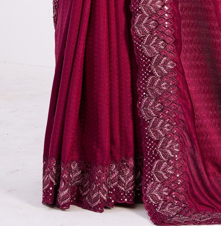 Wine Color Jacquard Embroidered Saree With Blouse