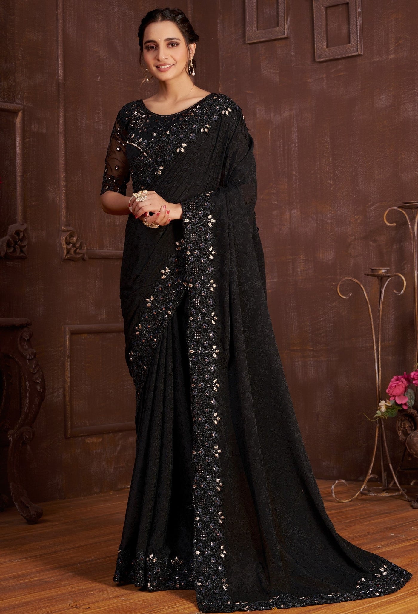 Black Chinon Embroidered Saree With Blouse