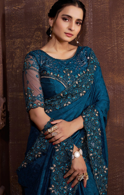 Peacock Blue Chinon Embroidered Saree With Blouse