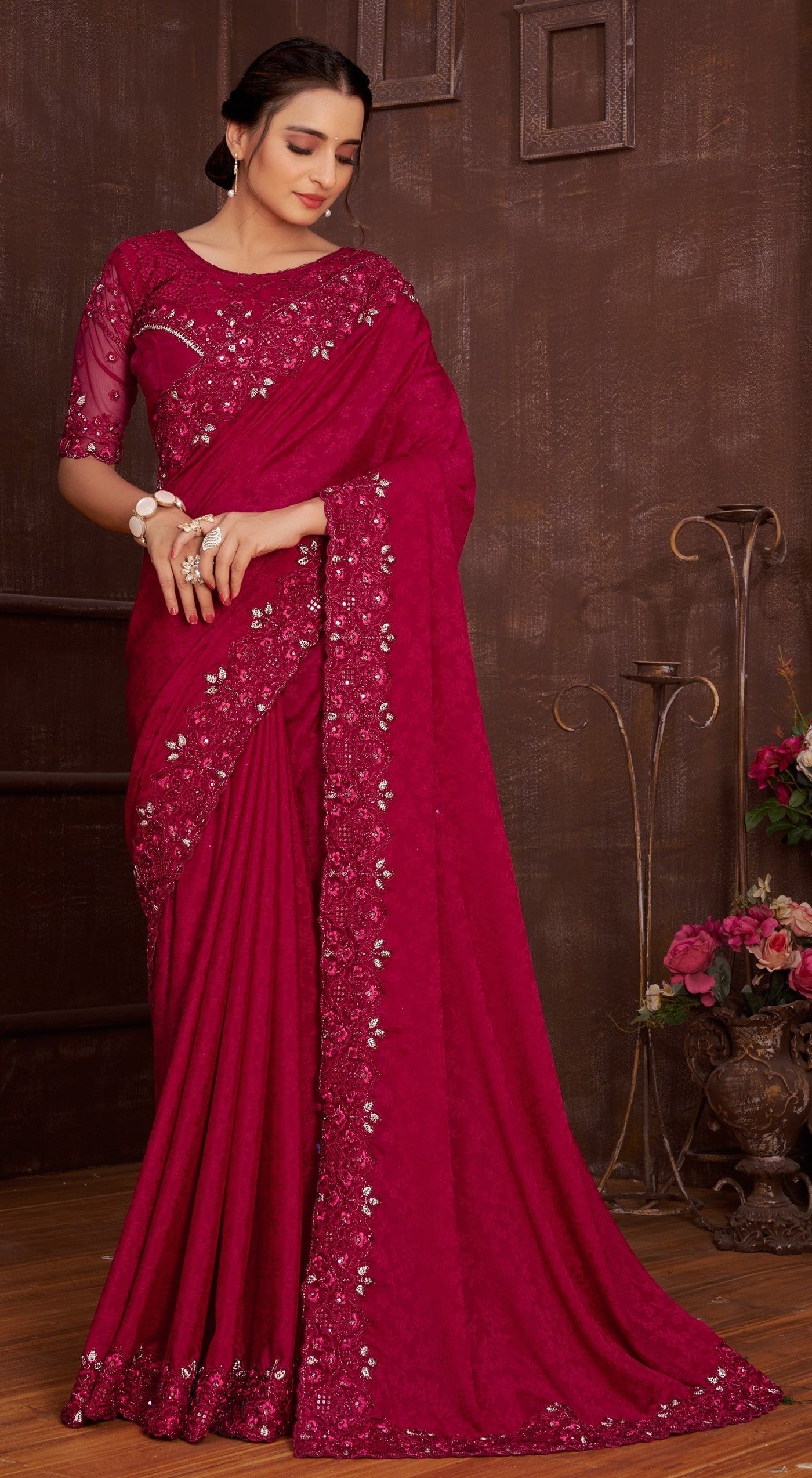 Magenta Chinon Embroidered Saree With Blouse