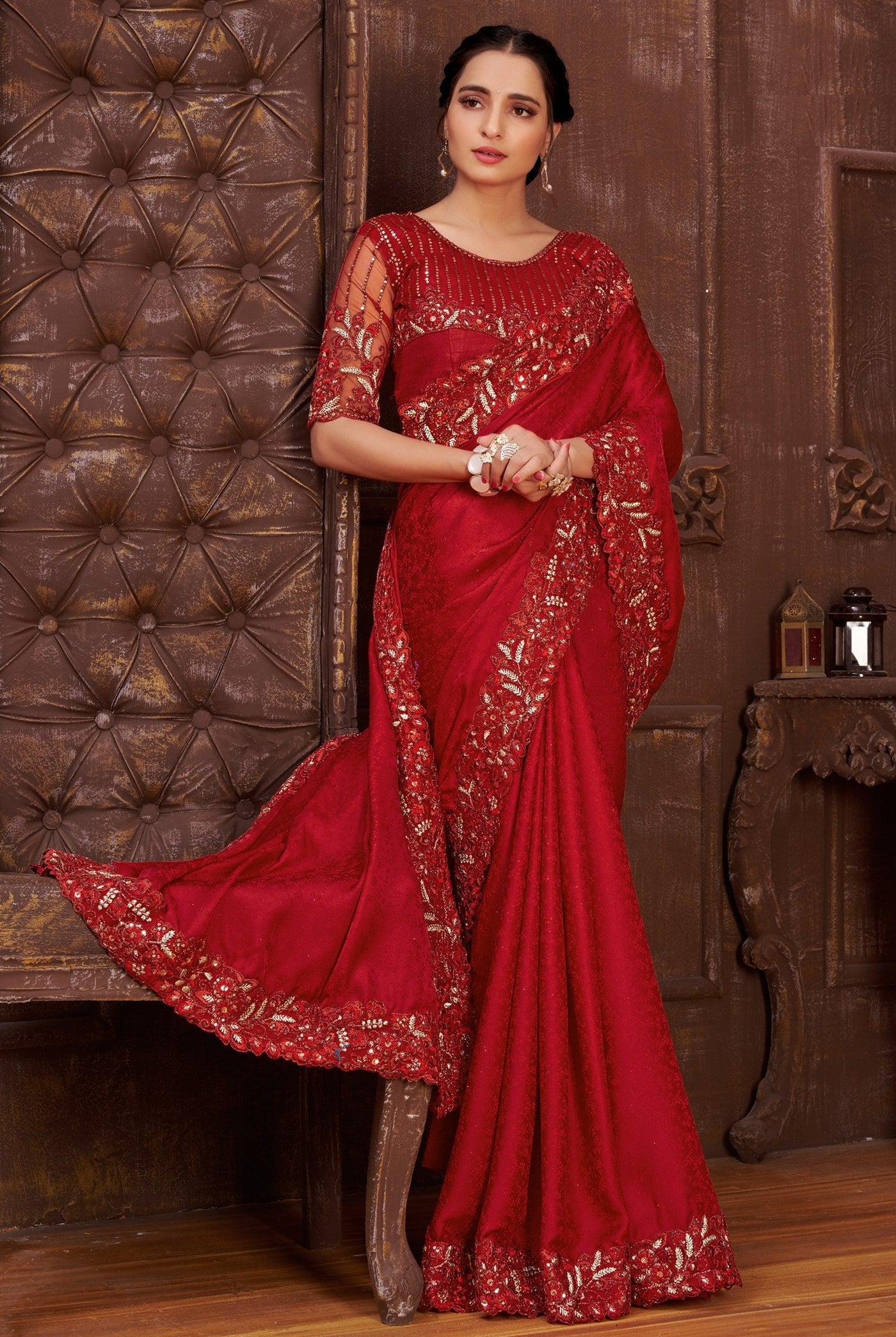 Red Satin Embroidered Saree With Blouse