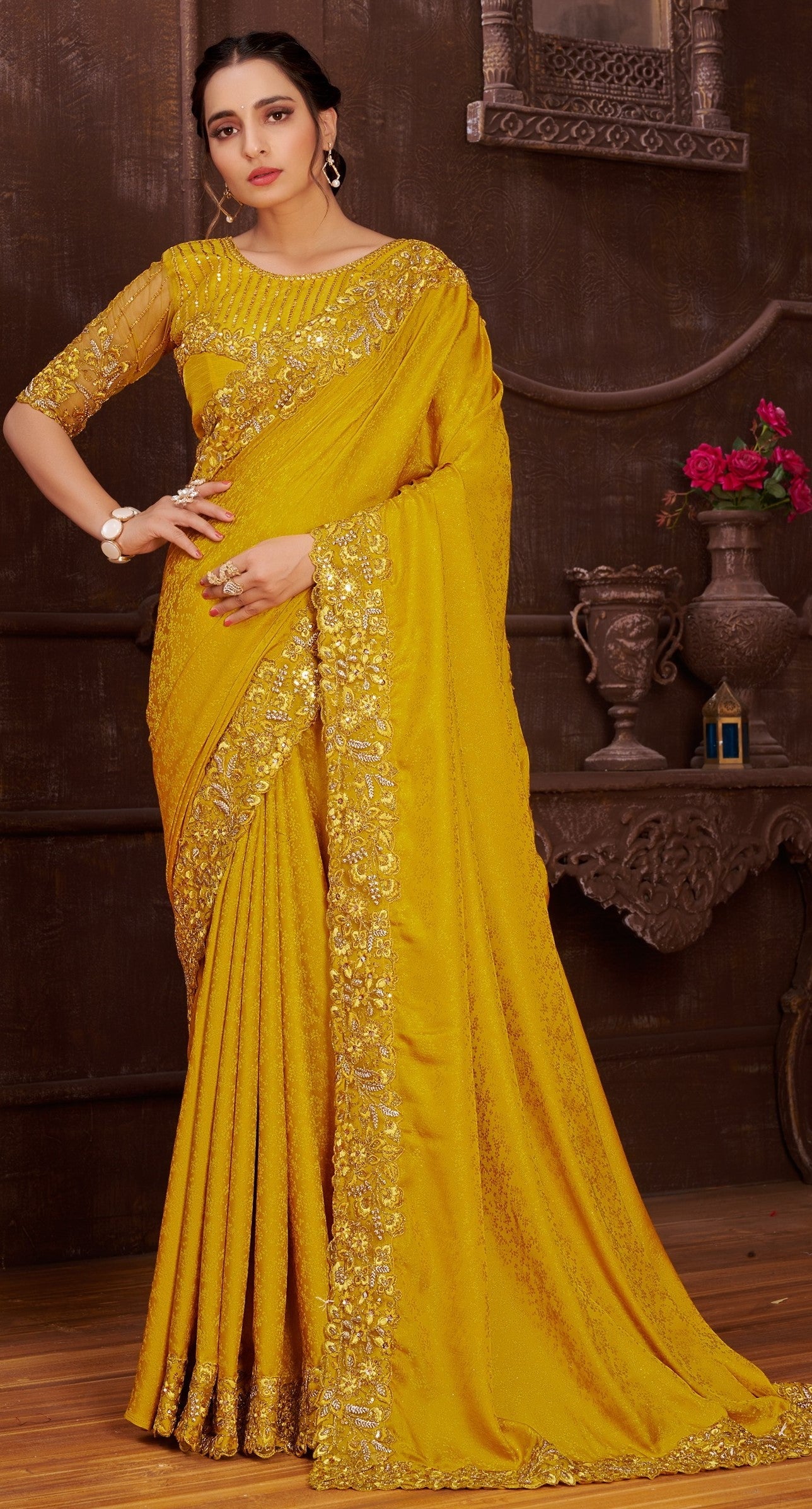 Mustard Satin Embroidered Saree With Blouse